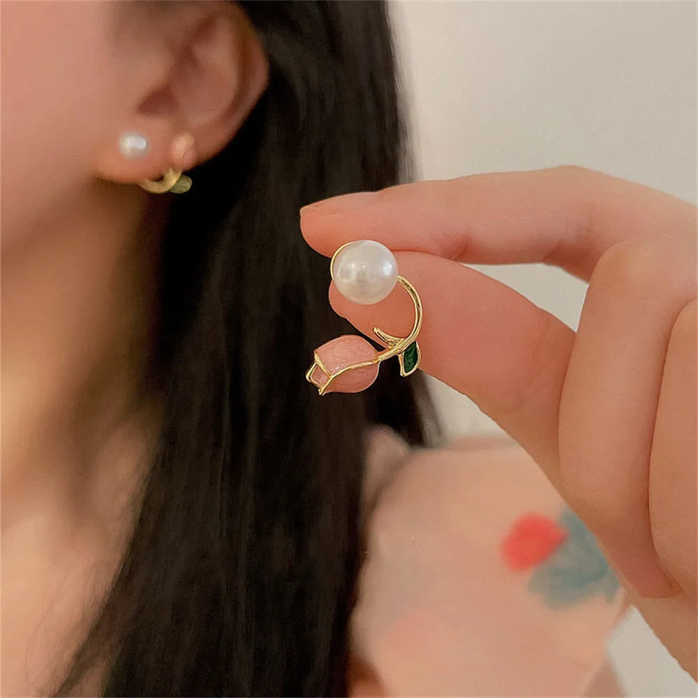 Imitation Pearl Earring for Women Gold Color Round Stud Earrings Korean Delicate Irregular Design Unusual Fashion Jewelry