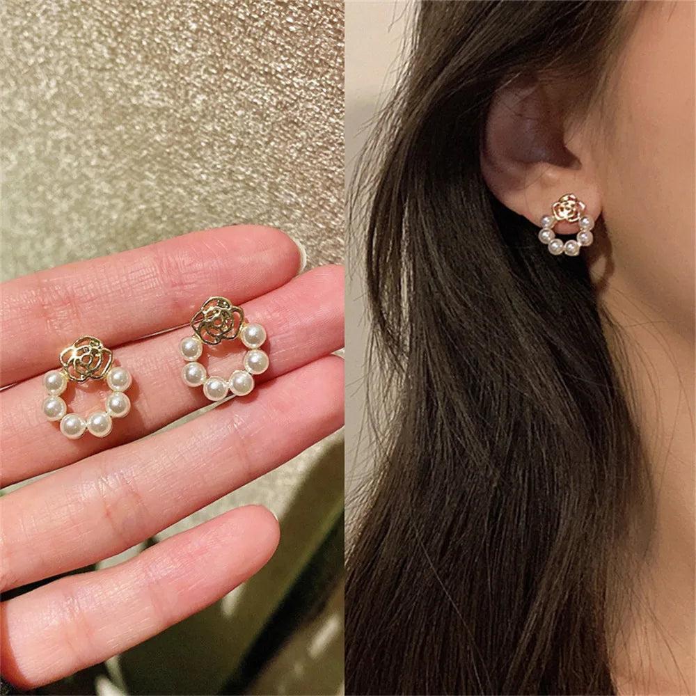 Imitation Pearl Earring for Women Gold Color Round Stud Earrings Korean Delicate Irregular Design Unusual Fashion Jewelry
